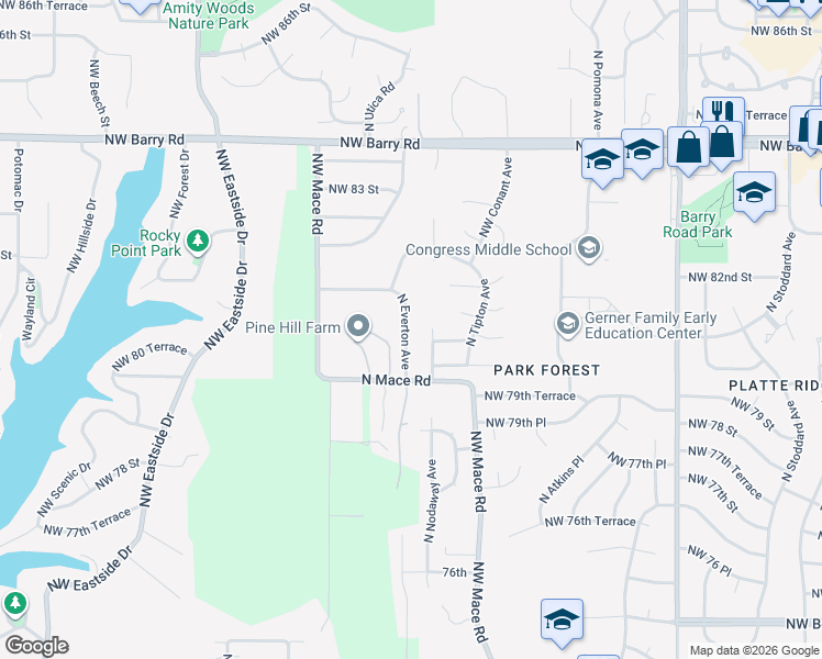 map of restaurants, bars, coffee shops, grocery stores, and more near 8033 North Everton Avenue in Kansas City