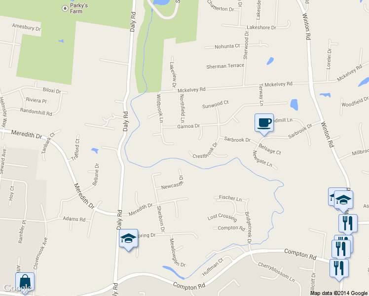 map of restaurants, bars, coffee shops, grocery stores, and more near 9502 Crestbrook Drive in Cincinnati