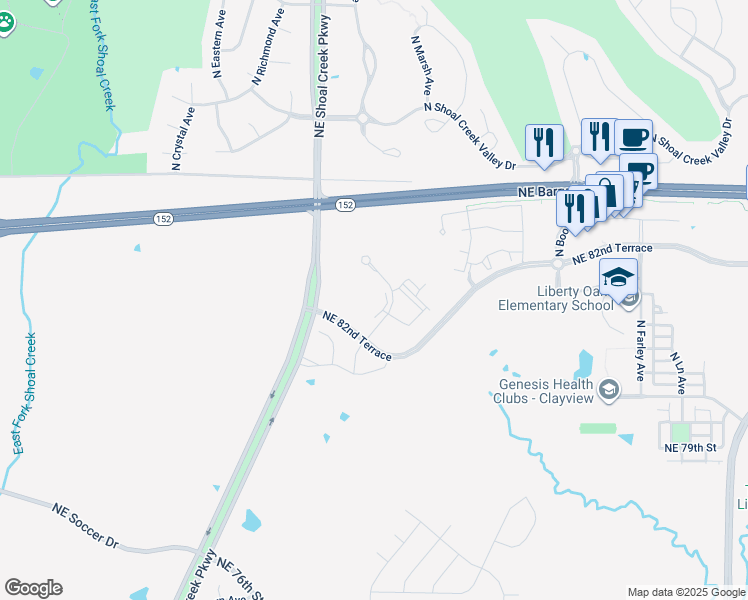 map of restaurants, bars, coffee shops, grocery stores, and more near 8300 North Tullis Avenue in Kansas City