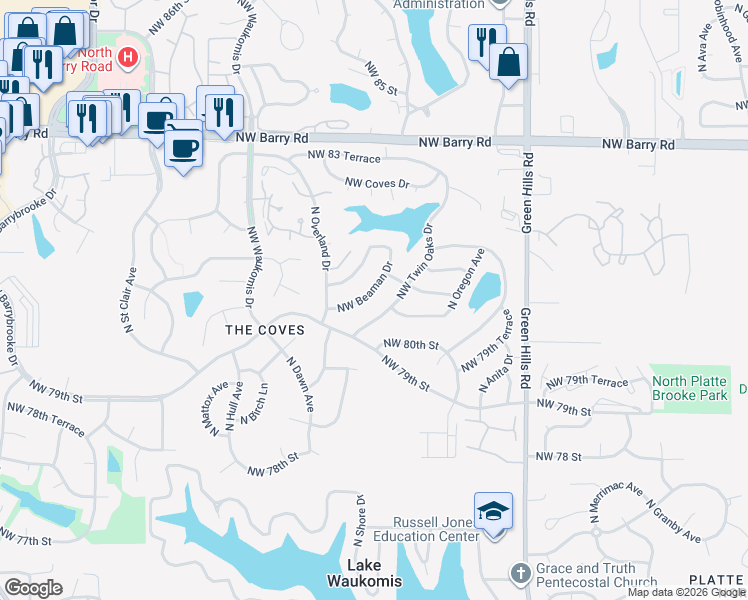 map of restaurants, bars, coffee shops, grocery stores, and more near 8136 Northwest Beaman Drive in Kansas City
