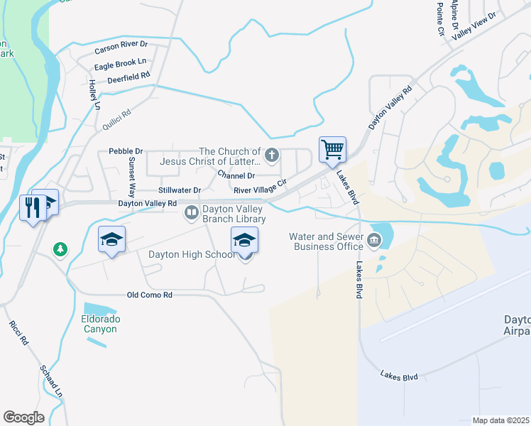 map of restaurants, bars, coffee shops, grocery stores, and more near 363 Dayton Valley Road in Dayton