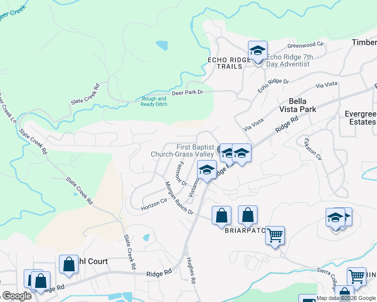 map of restaurants, bars, coffee shops, grocery stores, and more near 171 Woodcrest Way in Grass Valley