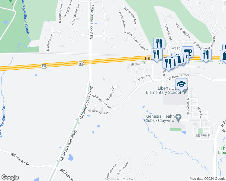 map of restaurants, bars, coffee shops, grocery stores, and more near 8300 North Tullis Avenue in Kansas City