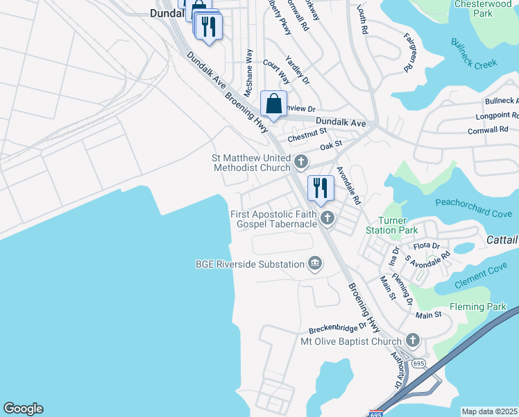 map of restaurants, bars, coffee shops, grocery stores, and more near 109 Centre Avenue in Dundalk