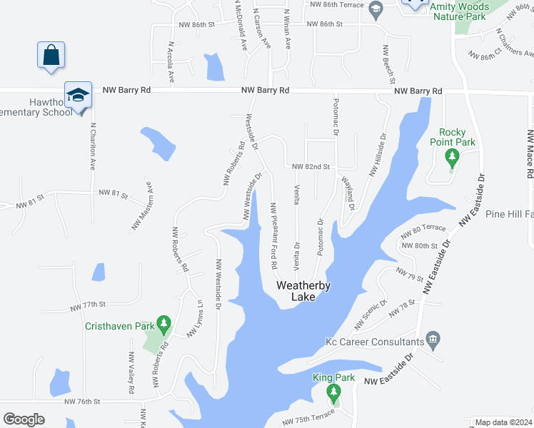 map of restaurants, bars, coffee shops, grocery stores, and more near 8016 Northwest Pleasant Ford Road in Weatherby Lake