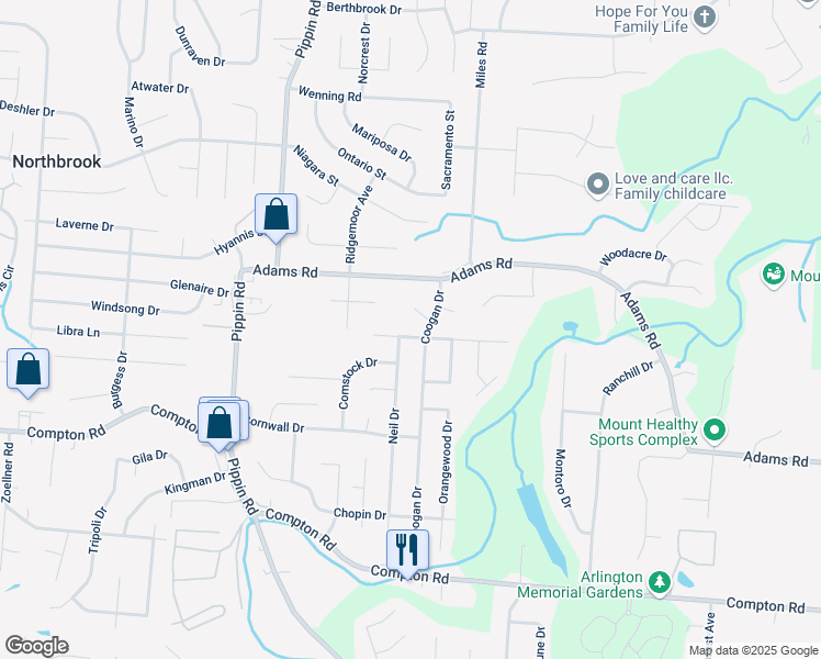 map of restaurants, bars, coffee shops, grocery stores, and more near 2498 Garrison Drive in Cincinnati