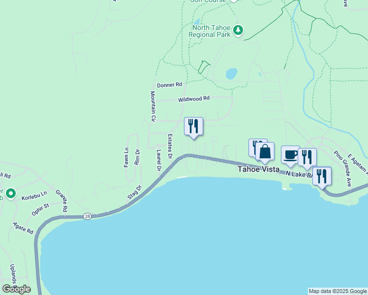 map of restaurants, bars, coffee shops, grocery stores, and more near 6549 North Lake Boulevard in Tahoe Vista