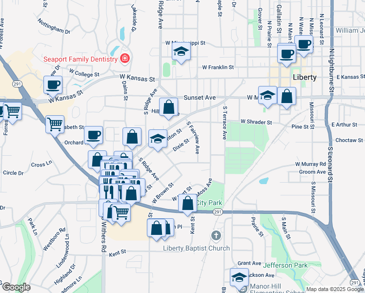 map of restaurants, bars, coffee shops, grocery stores, and more near 641 Dixie Street in Liberty