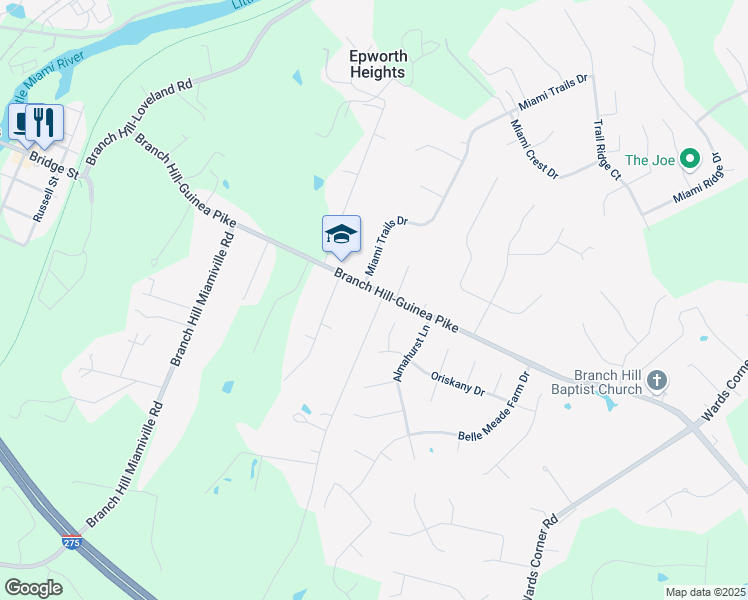 map of restaurants, bars, coffee shops, grocery stores, and more near 6619 Branch Hill-Guinea Pike in Loveland