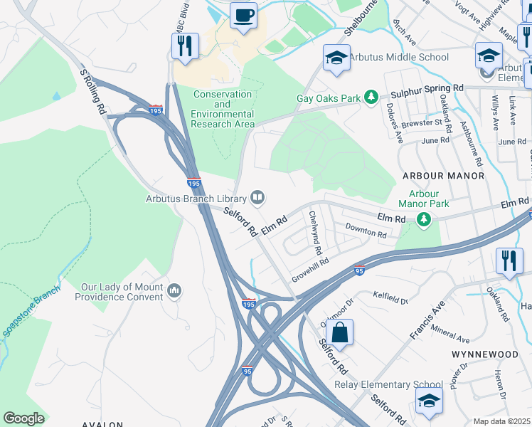 map of restaurants, bars, coffee shops, grocery stores, and more near 855 Sulphur Spring Road in Arbutus