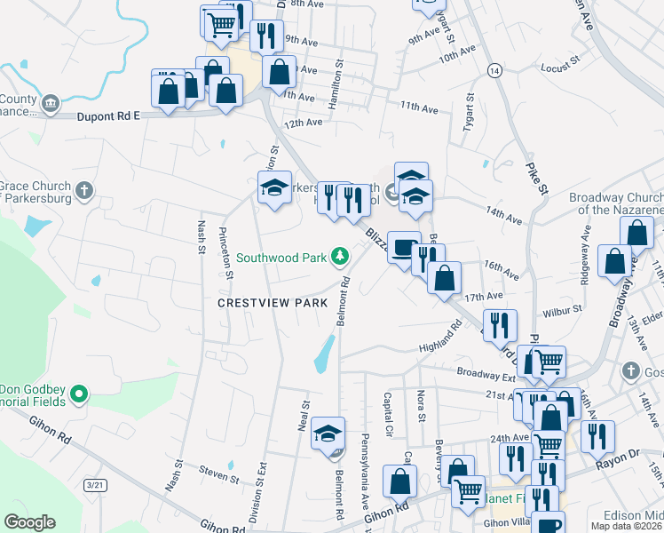 map of restaurants, bars, coffee shops, grocery stores, and more near 1812 Belmont Road in Parkersburg