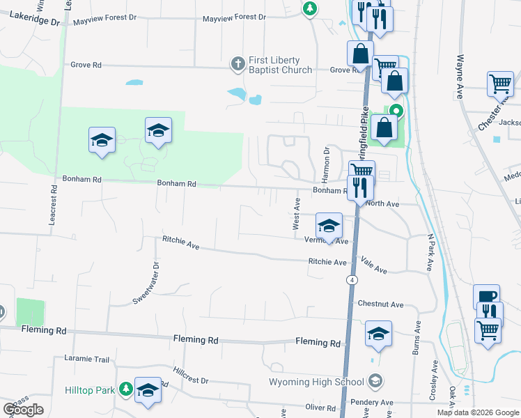 map of restaurants, bars, coffee shops, grocery stores, and more near 123 Bonham Road in Cincinnati
