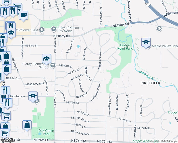 map of restaurants, bars, coffee shops, grocery stores, and more near 1617 Northeast 81st Street in Kansas City