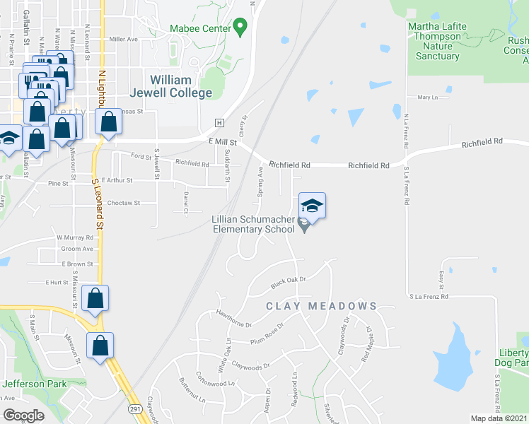 map of restaurants, bars, coffee shops, grocery stores, and more near 419 Spring Avenue in Liberty