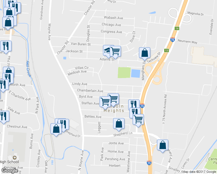 map of restaurants, bars, coffee shops, grocery stores, and more near 1117 Lindy Avenue in Cincinnati