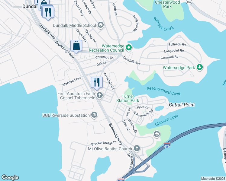 map of restaurants, bars, coffee shops, grocery stores, and more near 215 Walnut Avenue in Dundalk