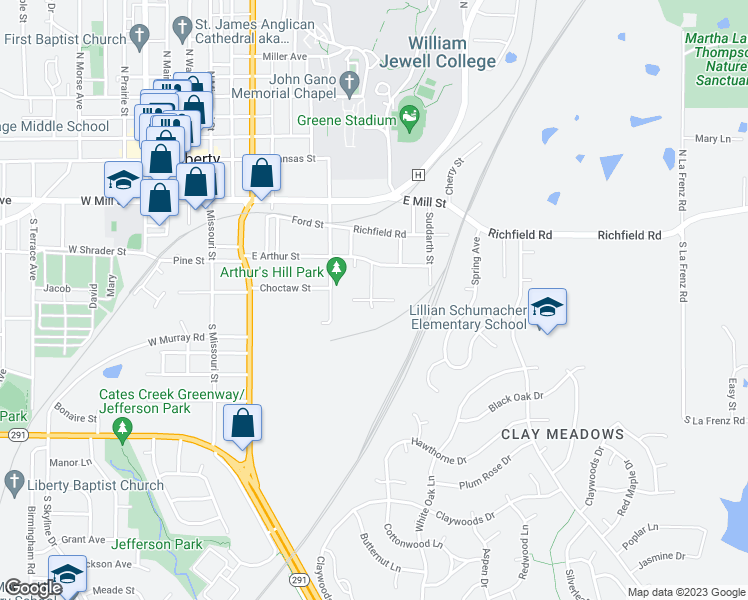 map of restaurants, bars, coffee shops, grocery stores, and more near 301 Darrel Court in Liberty