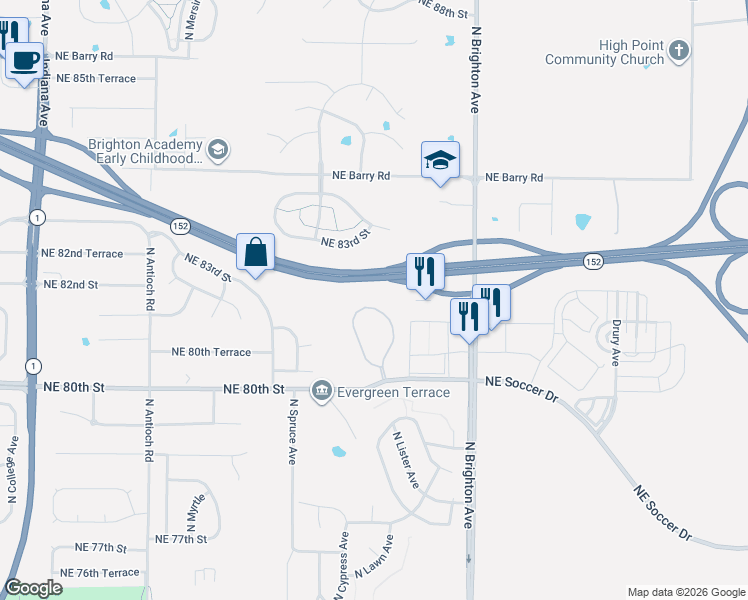 map of restaurants, bars, coffee shops, grocery stores, and more near 8156 North Elmwood Avenue in Kansas City