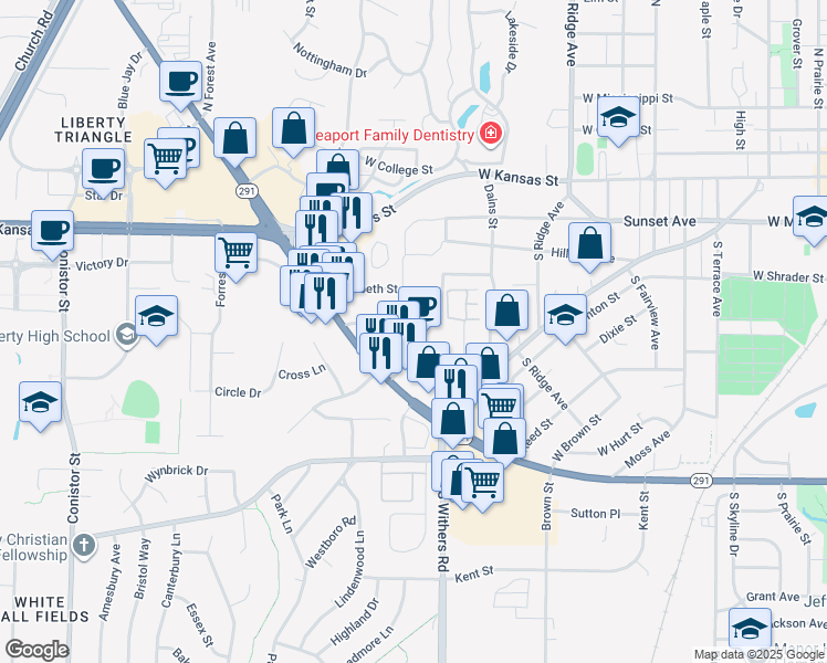map of restaurants, bars, coffee shops, grocery stores, and more near 1103 Orchard Avenue in Liberty
