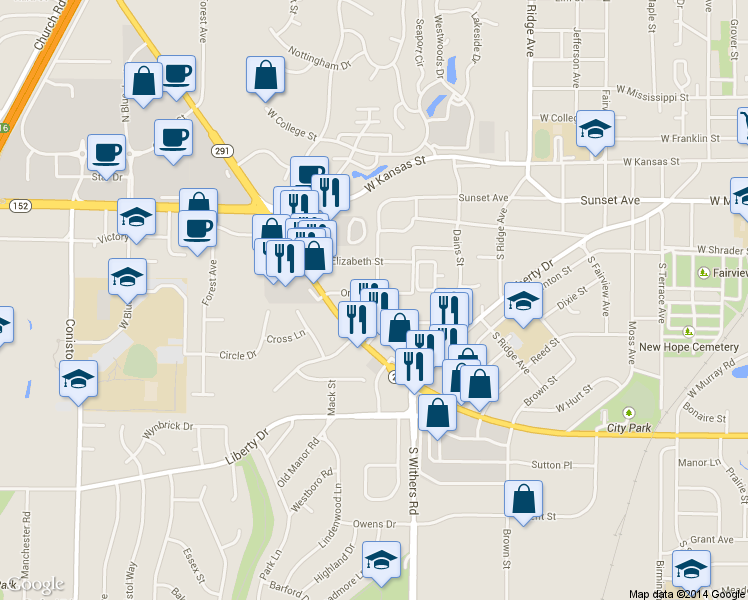 map of restaurants, bars, coffee shops, grocery stores, and more near 1103 Orchard Avenue in Liberty