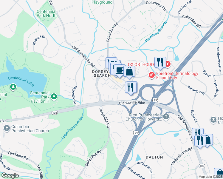 map of restaurants, bars, coffee shops, grocery stores, and more near 9501 Liverpool Lane in Ellicott City