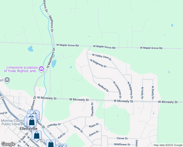 map of restaurants, bars, coffee shops, grocery stores, and more near 1939 Redbud Dr in Ellettsville