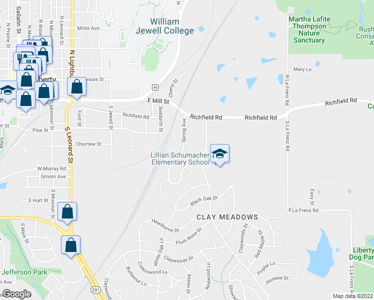 map of restaurants, bars, coffee shops, grocery stores, and more near 419 Spring Avenue in Liberty