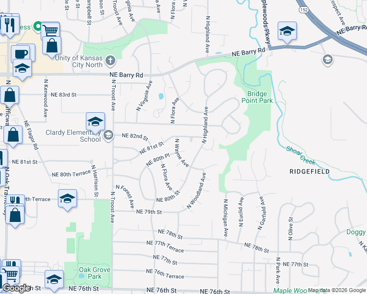 map of restaurants, bars, coffee shops, grocery stores, and more near 1617 Northeast 81st Street in Kansas City