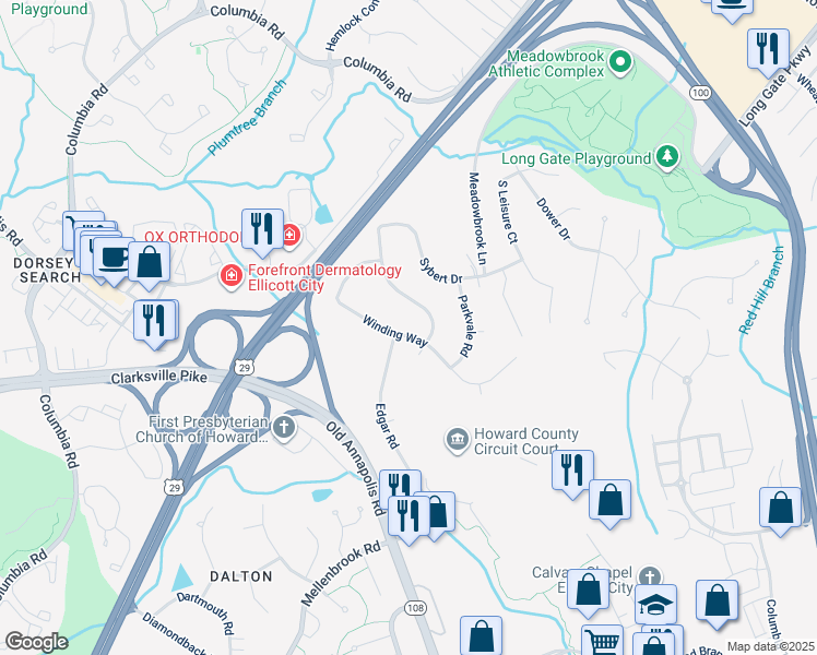 map of restaurants, bars, coffee shops, grocery stores, and more near 9206 Winding Way in Ellicott City