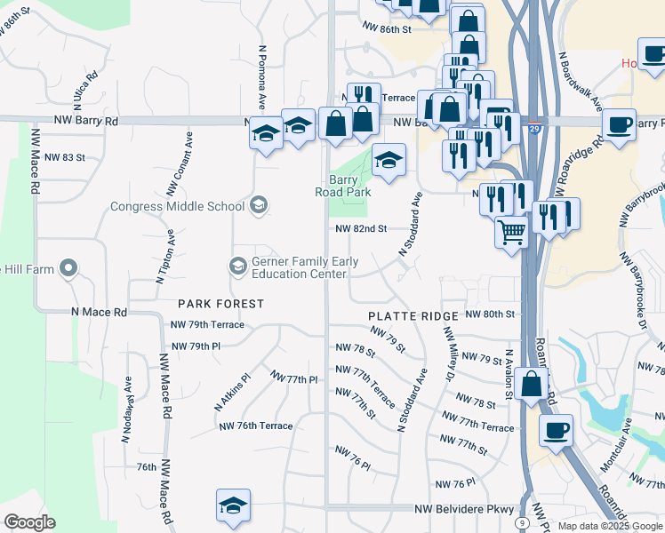 map of restaurants, bars, coffee shops, grocery stores, and more near 8105 North Congress Avenue in Kansas City