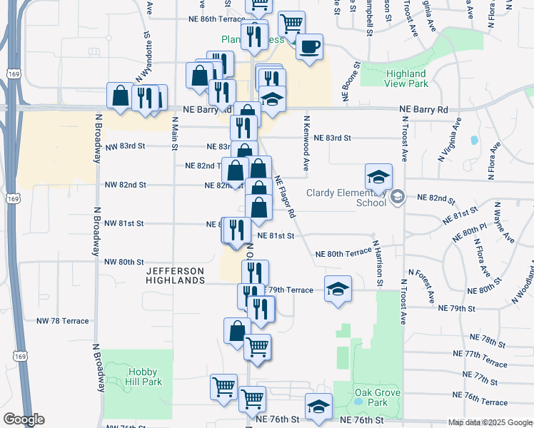map of restaurants, bars, coffee shops, grocery stores, and more near 425 Northeast 81st Terrace in Kansas City
