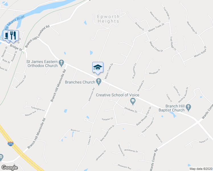 map of restaurants, bars, coffee shops, grocery stores, and more near 6619 Branch Hill-Guinea Pike in Loveland