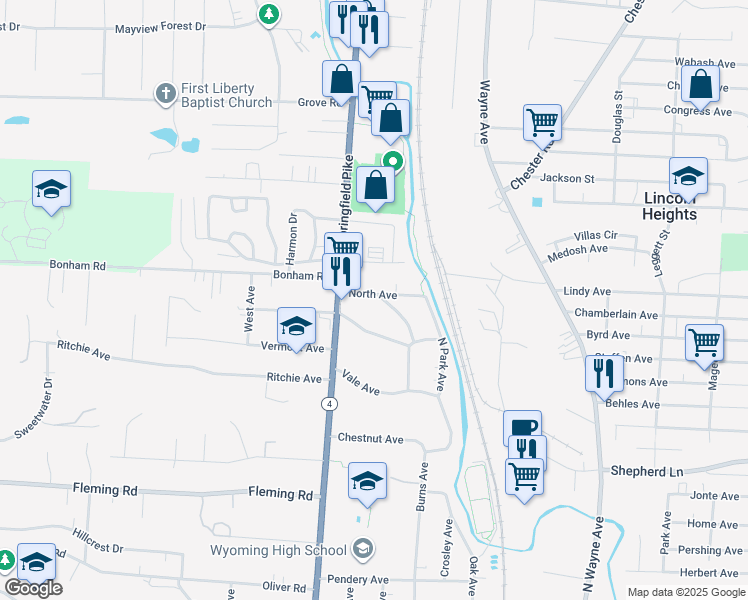 map of restaurants, bars, coffee shops, grocery stores, and more near in Cincinnati