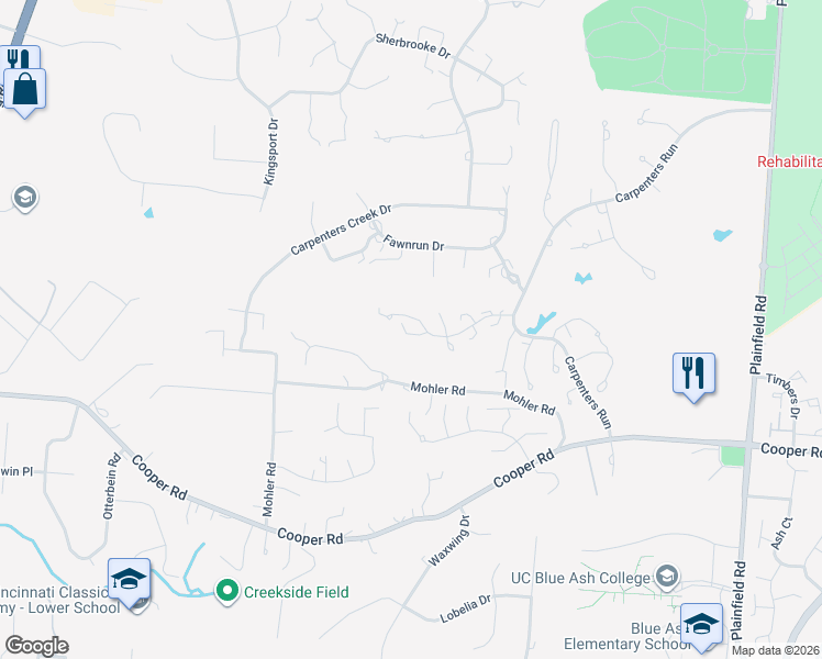map of restaurants, bars, coffee shops, grocery stores, and more near 79 Carpenters Ridge in Cincinnati
