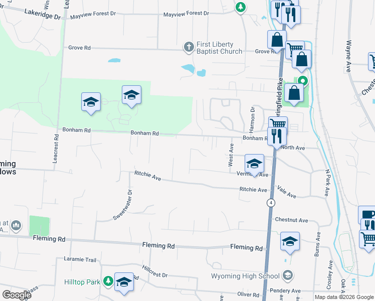 map of restaurants, bars, coffee shops, grocery stores, and more near 1419 Holman View Drive in Cincinnati