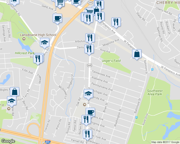 map of restaurants, bars, coffee shops, grocery stores, and more near 3921 Maryland 648 in Lansdowne