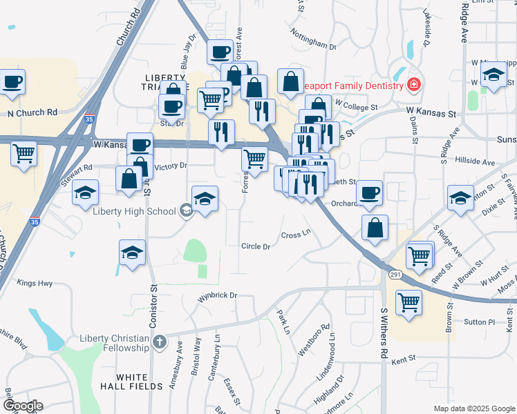 map of restaurants, bars, coffee shops, grocery stores, and more near 307 Forrest Avenue in Liberty