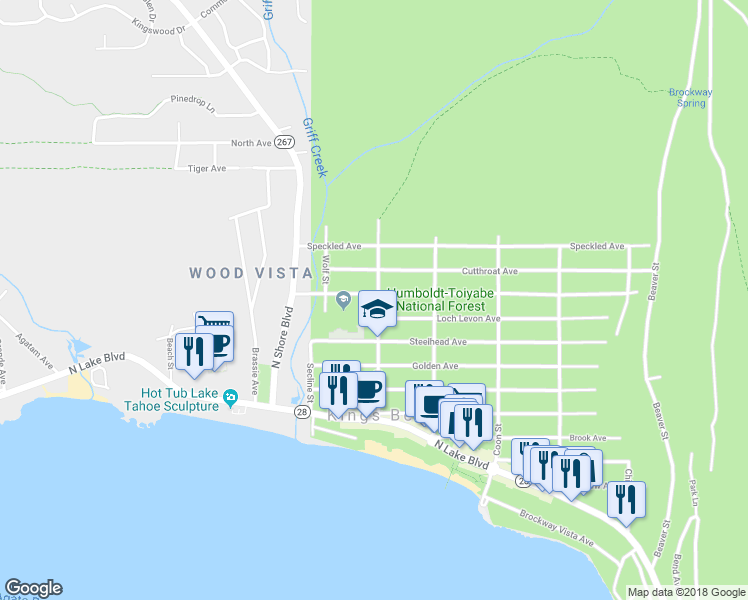 map of restaurants, bars, coffee shops, grocery stores, and more near 8298 Dolly Varden Avenue in Kings Beach