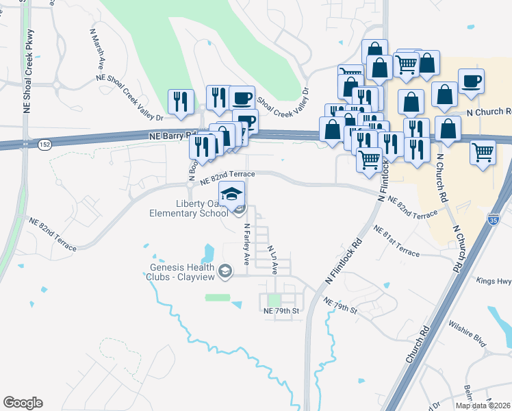 map of restaurants, bars, coffee shops, grocery stores, and more near Northeast 82nd Street in Kansas City