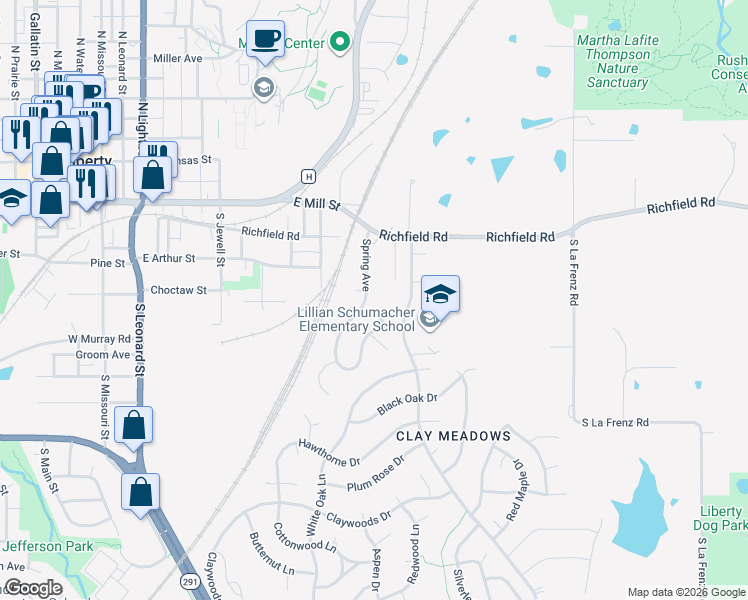 map of restaurants, bars, coffee shops, grocery stores, and more near 419 Spring Avenue in Liberty