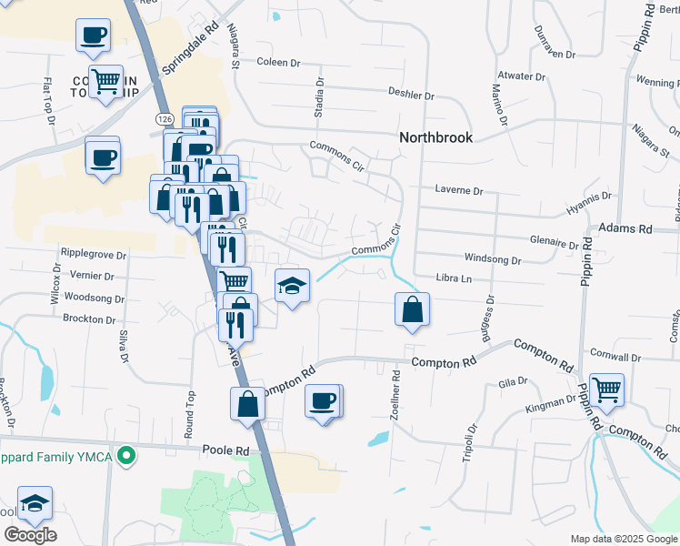 map of restaurants, bars, coffee shops, grocery stores, and more near 3283 Pebblebrook Lane in Cincinnati