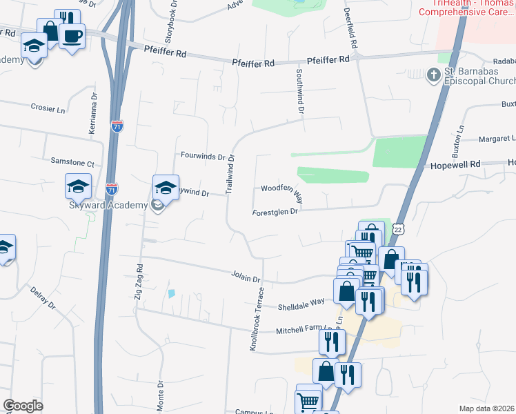 map of restaurants, bars, coffee shops, grocery stores, and more near 9874 Forestglen Drive in Cincinnati