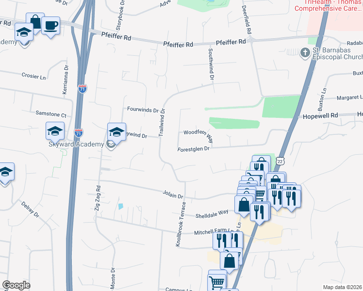 map of restaurants, bars, coffee shops, grocery stores, and more near 9874 Forestglen Drive in Cincinnati