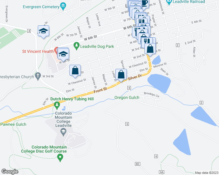 map of restaurants, bars, coffee shops, grocery stores, and more near 475 Front Street in Leadville