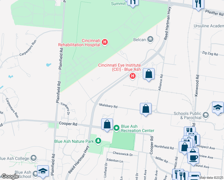 map of restaurants, bars, coffee shops, grocery stores, and more near 4380 Reed Hartman Highway in Blue Ash