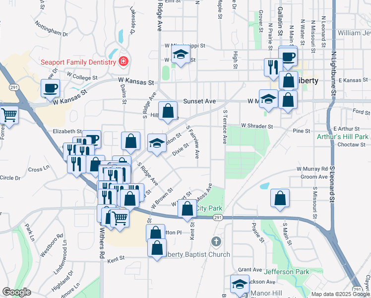 map of restaurants, bars, coffee shops, grocery stores, and more near 631 Dixie Street in Liberty