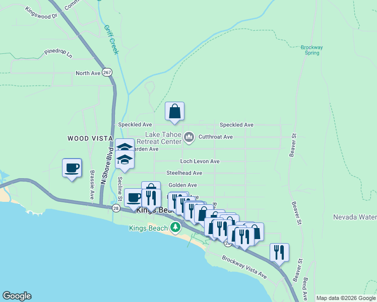map of restaurants, bars, coffee shops, grocery stores, and more near 8438 Dolly Varden Avenue in Kings Beach