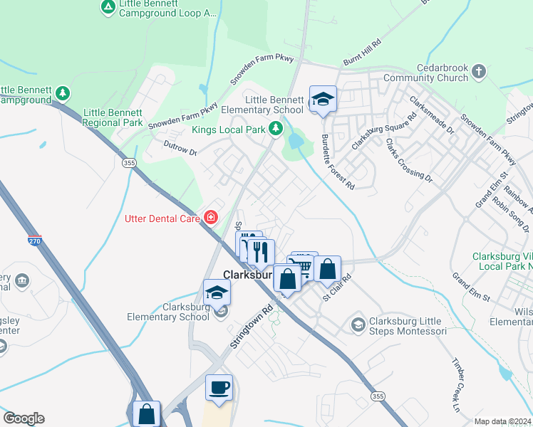 map of restaurants, bars, coffee shops, grocery stores, and more near 23516 Public House Road in Clarksburg