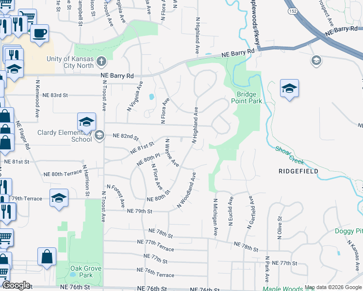 map of restaurants, bars, coffee shops, grocery stores, and more near 1617 Northeast 81st Street in Kansas City