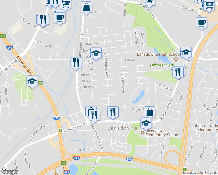 map of restaurants, bars, coffee shops, grocery stores, and more near 201 Fifth Avenue in Lansdowne